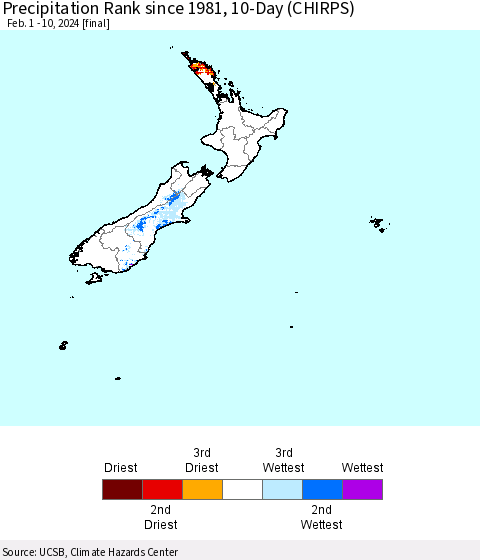 New Zealand Precipitation Rank since 1981, 10-Day (CHIRPS) Thematic Map For 2/1/2024 - 2/10/2024