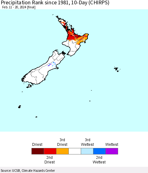 New Zealand Precipitation Rank since 1981, 10-Day (CHIRPS) Thematic Map For 2/11/2024 - 2/20/2024