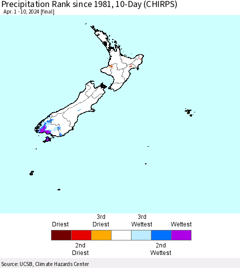 New Zealand Precipitation Rank since 1981, 10-Day (CHIRPS) Thematic Map For 4/1/2024 - 4/10/2024
