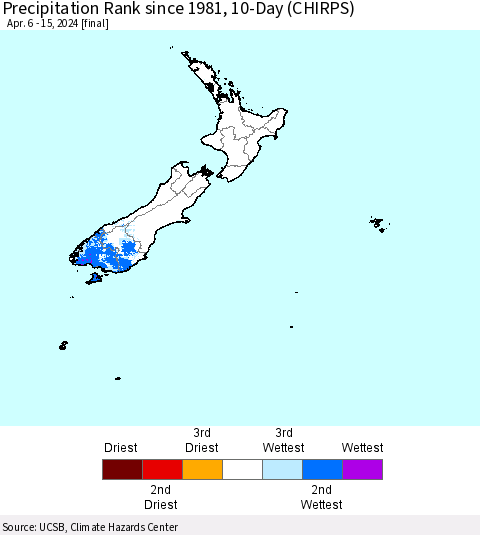 New Zealand Precipitation Rank since 1981, 10-Day (CHIRPS) Thematic Map For 4/6/2024 - 4/15/2024
