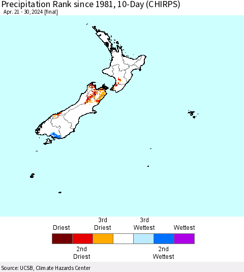 New Zealand Precipitation Rank since 1981, 10-Day (CHIRPS) Thematic Map For 4/21/2024 - 4/30/2024