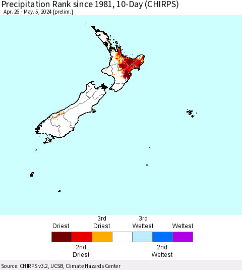 New Zealand Precipitation Rank since 1981, 10-Day (CHIRPS) Thematic Map For 4/26/2024 - 5/5/2024