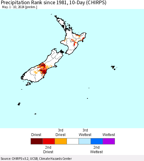 New Zealand Precipitation Rank since 1981, 10-Day (CHIRPS) Thematic Map For 5/1/2024 - 5/10/2024
