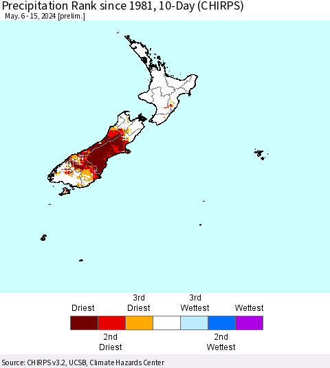 New Zealand Precipitation Rank since 1981, 10-Day (CHIRPS) Thematic Map For 5/6/2024 - 5/15/2024