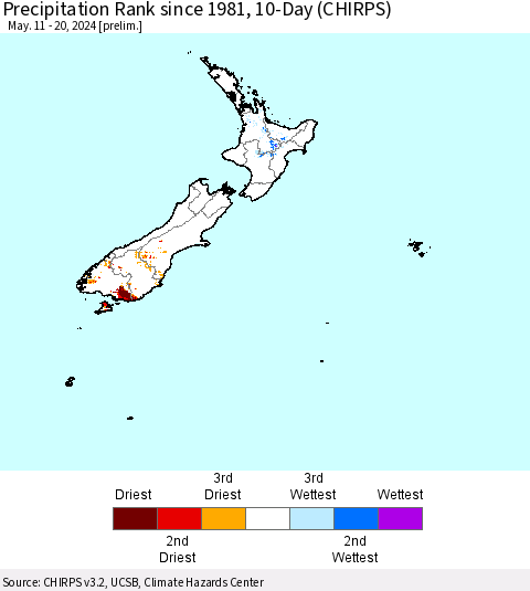 New Zealand Precipitation Rank since 1981, 10-Day (CHIRPS) Thematic Map For 5/11/2024 - 5/20/2024