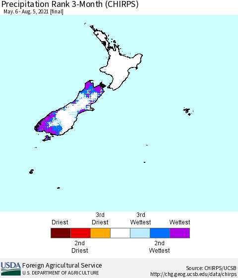 New Zealand Precipitation Rank since 1981, 3-Month (CHIRPS) Thematic Map For 5/6/2021 - 8/5/2021