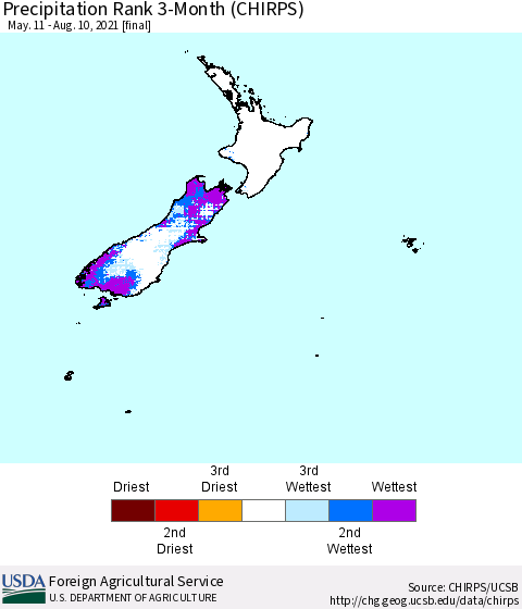 New Zealand Precipitation Rank since 1981, 3-Month (CHIRPS) Thematic Map For 5/11/2021 - 8/10/2021