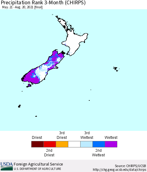 New Zealand Precipitation Rank since 1981, 3-Month (CHIRPS) Thematic Map For 5/21/2021 - 8/20/2021