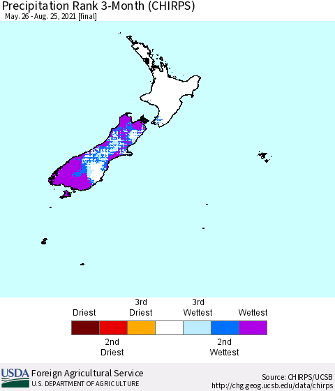 New Zealand Precipitation Rank since 1981, 3-Month (CHIRPS) Thematic Map For 5/26/2021 - 8/25/2021
