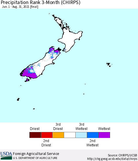 New Zealand Precipitation Rank since 1981, 3-Month (CHIRPS) Thematic Map For 6/1/2021 - 8/31/2021