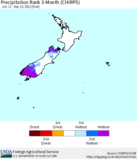 New Zealand Precipitation Rank since 1981, 3-Month (CHIRPS) Thematic Map For 6/11/2021 - 9/10/2021