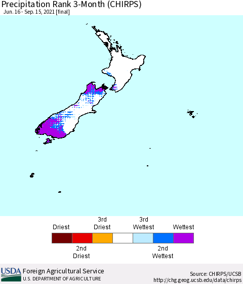 New Zealand Precipitation Rank since 1981, 3-Month (CHIRPS) Thematic Map For 6/16/2021 - 9/15/2021