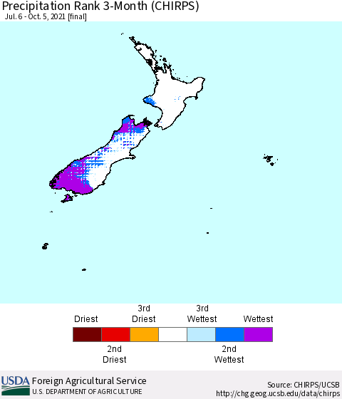 New Zealand Precipitation Rank since 1981, 3-Month (CHIRPS) Thematic Map For 7/6/2021 - 10/5/2021