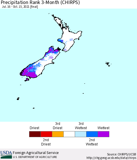 New Zealand Precipitation Rank since 1981, 3-Month (CHIRPS) Thematic Map For 7/16/2021 - 10/15/2021