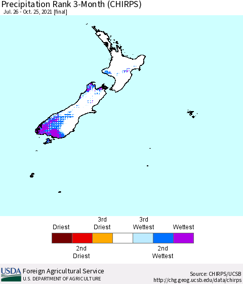 New Zealand Precipitation Rank since 1981, 3-Month (CHIRPS) Thematic Map For 7/26/2021 - 10/25/2021