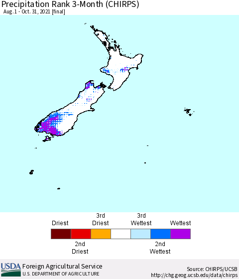 New Zealand Precipitation Rank since 1981, 3-Month (CHIRPS) Thematic Map For 8/1/2021 - 10/31/2021