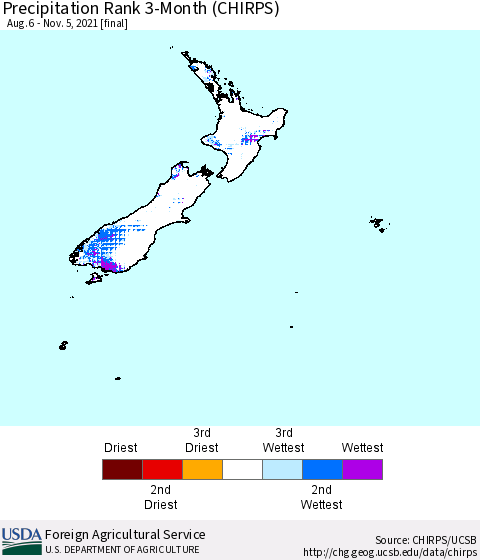 New Zealand Precipitation Rank since 1981, 3-Month (CHIRPS) Thematic Map For 8/6/2021 - 11/5/2021