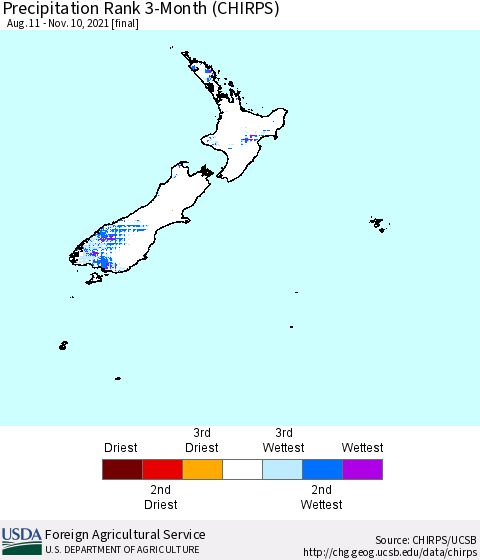 New Zealand Precipitation Rank since 1981, 3-Month (CHIRPS) Thematic Map For 8/11/2021 - 11/10/2021
