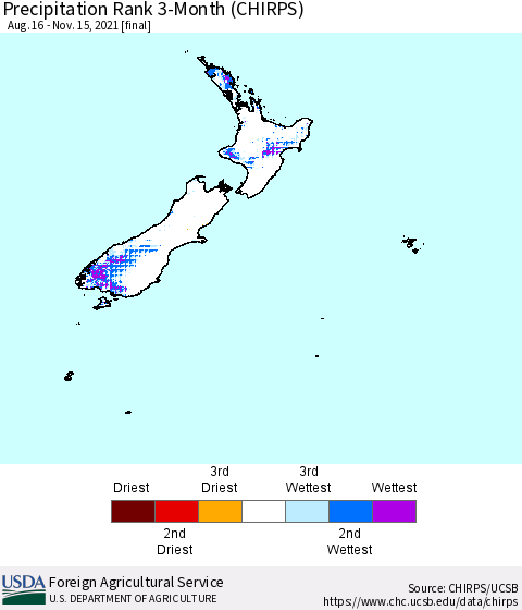New Zealand Precipitation Rank since 1981, 3-Month (CHIRPS) Thematic Map For 8/16/2021 - 11/15/2021