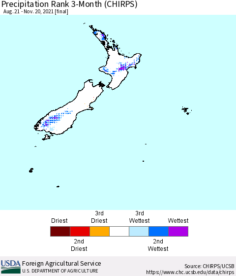 New Zealand Precipitation Rank since 1981, 3-Month (CHIRPS) Thematic Map For 8/21/2021 - 11/20/2021