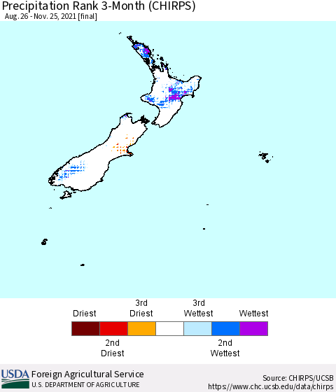 New Zealand Precipitation Rank since 1981, 3-Month (CHIRPS) Thematic Map For 8/26/2021 - 11/25/2021