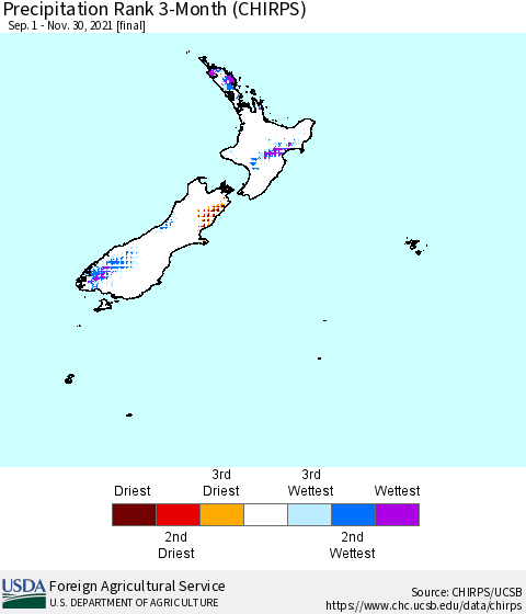 New Zealand Precipitation Rank since 1981, 3-Month (CHIRPS) Thematic Map For 9/1/2021 - 11/30/2021