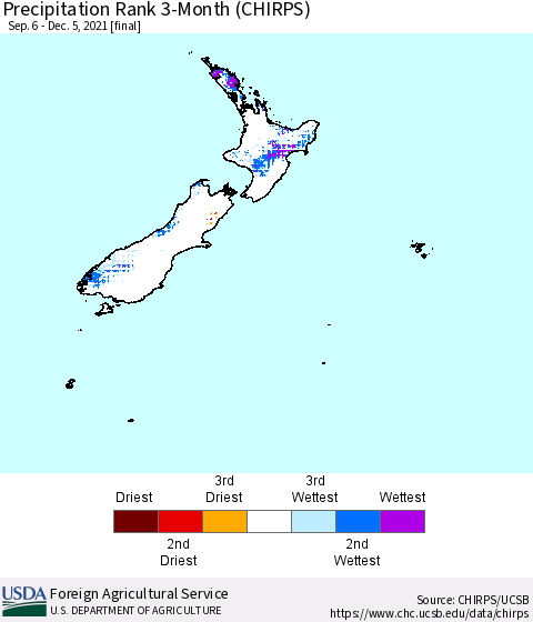 New Zealand Precipitation Rank since 1981, 3-Month (CHIRPS) Thematic Map For 9/6/2021 - 12/5/2021