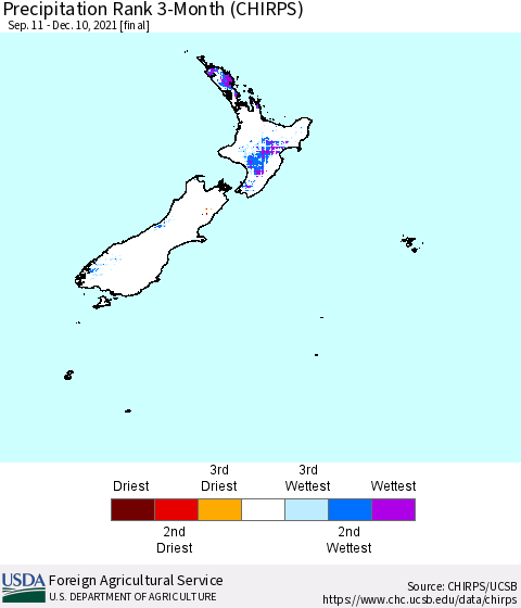 New Zealand Precipitation Rank since 1981, 3-Month (CHIRPS) Thematic Map For 9/11/2021 - 12/10/2021