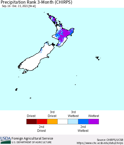 New Zealand Precipitation Rank since 1981, 3-Month (CHIRPS) Thematic Map For 9/16/2021 - 12/15/2021