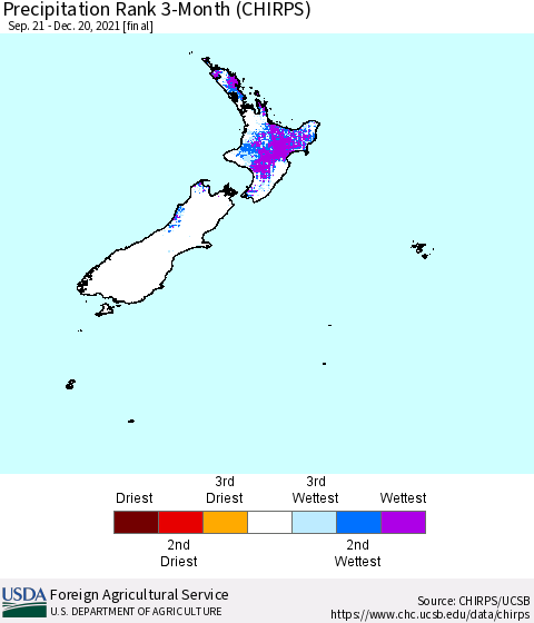 New Zealand Precipitation Rank since 1981, 3-Month (CHIRPS) Thematic Map For 9/21/2021 - 12/20/2021