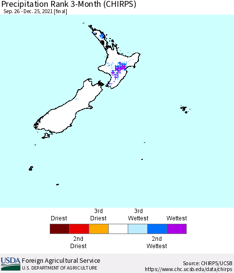 New Zealand Precipitation Rank since 1981, 3-Month (CHIRPS) Thematic Map For 9/26/2021 - 12/25/2021