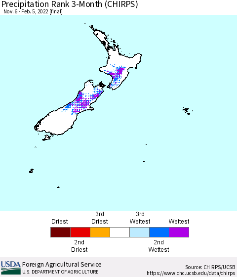 New Zealand Precipitation Rank since 1981, 3-Month (CHIRPS) Thematic Map For 11/6/2021 - 2/5/2022