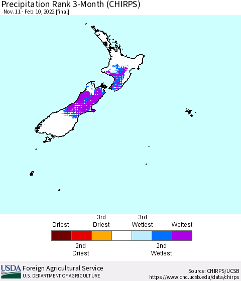 New Zealand Precipitation Rank since 1981, 3-Month (CHIRPS) Thematic Map For 11/11/2021 - 2/10/2022