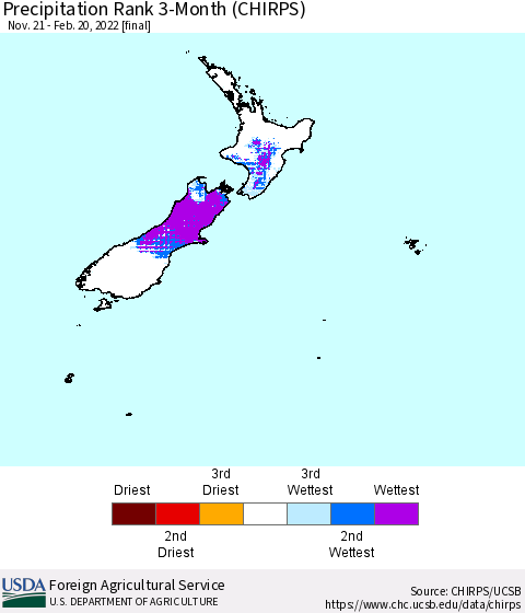 New Zealand Precipitation Rank since 1981, 3-Month (CHIRPS) Thematic Map For 11/21/2021 - 2/20/2022