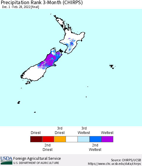 New Zealand Precipitation Rank since 1981, 3-Month (CHIRPS) Thematic Map For 12/1/2021 - 2/28/2022