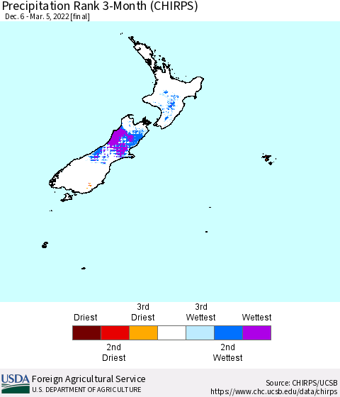 New Zealand Precipitation Rank since 1981, 3-Month (CHIRPS) Thematic Map For 12/6/2021 - 3/5/2022