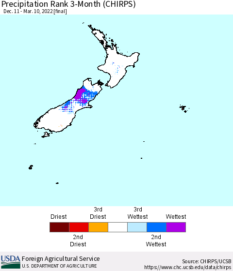 New Zealand Precipitation Rank since 1981, 3-Month (CHIRPS) Thematic Map For 12/11/2021 - 3/10/2022