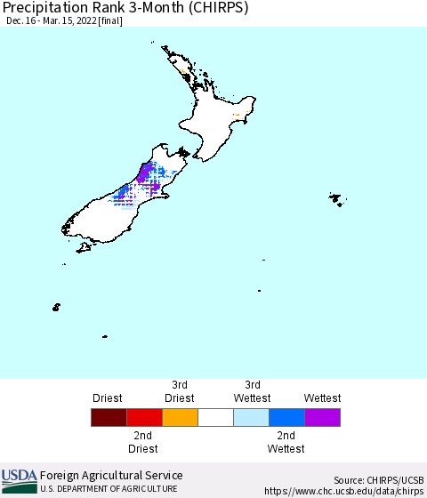 New Zealand Precipitation Rank since 1981, 3-Month (CHIRPS) Thematic Map For 12/16/2021 - 3/15/2022