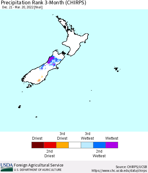 New Zealand Precipitation Rank since 1981, 3-Month (CHIRPS) Thematic Map For 12/21/2021 - 3/20/2022