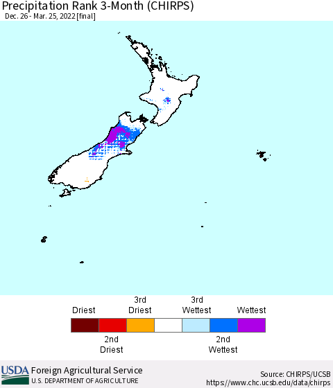 New Zealand Precipitation Rank since 1981, 3-Month (CHIRPS) Thematic Map For 12/26/2021 - 3/25/2022