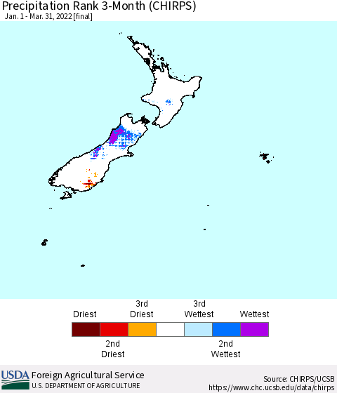 New Zealand Precipitation Rank since 1981, 3-Month (CHIRPS) Thematic Map For 1/1/2022 - 3/31/2022