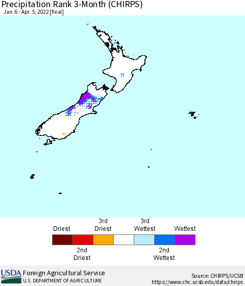 New Zealand Precipitation Rank since 1981, 3-Month (CHIRPS) Thematic Map For 1/6/2022 - 4/5/2022