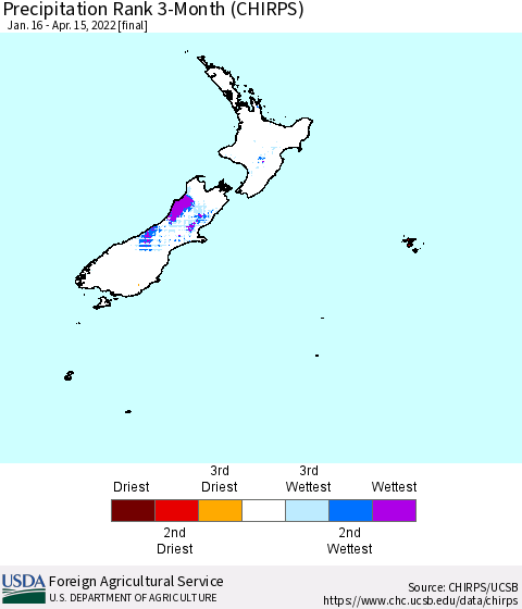 New Zealand Precipitation Rank since 1981, 3-Month (CHIRPS) Thematic Map For 1/16/2022 - 4/15/2022