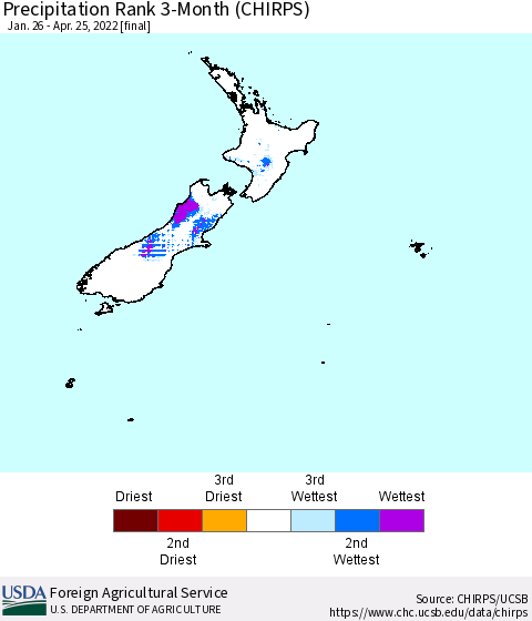 New Zealand Precipitation Rank since 1981, 3-Month (CHIRPS) Thematic Map For 1/26/2022 - 4/25/2022