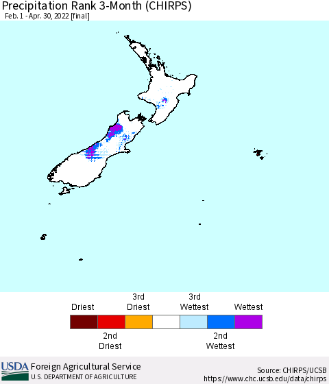 New Zealand Precipitation Rank since 1981, 3-Month (CHIRPS) Thematic Map For 2/1/2022 - 4/30/2022