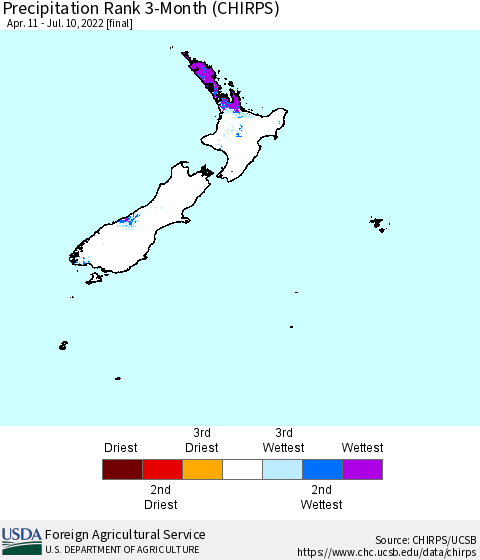 New Zealand Precipitation Rank since 1981, 3-Month (CHIRPS) Thematic Map For 4/11/2022 - 7/10/2022