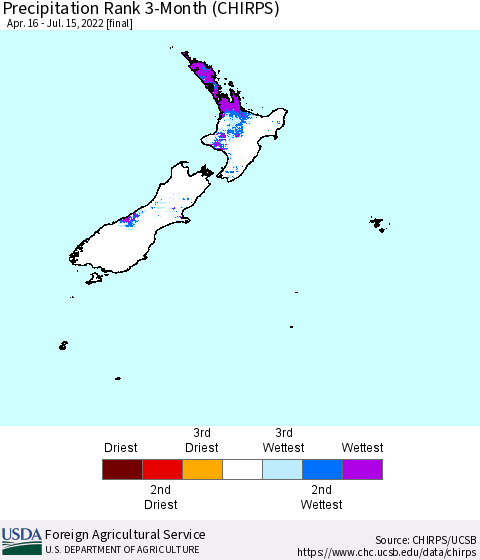 New Zealand Precipitation Rank since 1981, 3-Month (CHIRPS) Thematic Map For 4/16/2022 - 7/15/2022