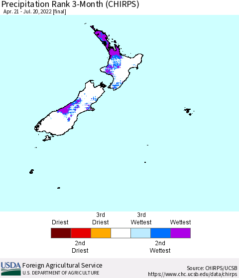 New Zealand Precipitation Rank since 1981, 3-Month (CHIRPS) Thematic Map For 4/21/2022 - 7/20/2022