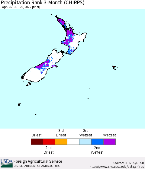 New Zealand Precipitation Rank since 1981, 3-Month (CHIRPS) Thematic Map For 4/26/2022 - 7/25/2022