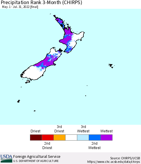 New Zealand Precipitation Rank since 1981, 3-Month (CHIRPS) Thematic Map For 5/1/2022 - 7/31/2022